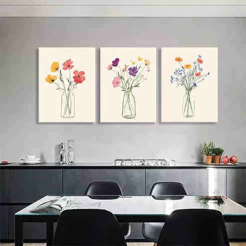 3pcs Floral Vase Colorful Flowers Wall Art Canvas Unframed - High Quality Print 100% Australian Made Wall Canvas