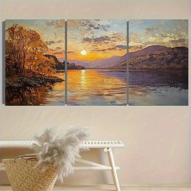 3pcs Lake Sunset Painting Wall Art Set Canvas Framed 40x60cm - High Quality Print 100% Australian Made Wall Canvas Ready to Hang