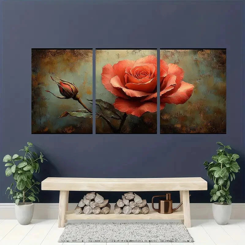3pcs Vintage Rose Romantic Red Rose & Bud Design Metal Print Ready to Hang Art