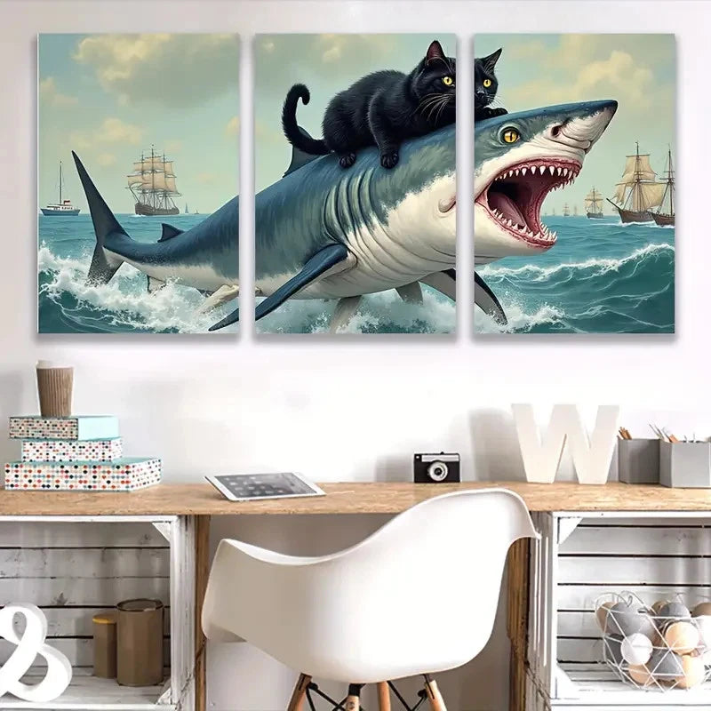 3pcs Playful Black Cat Riding Shark S  Wall Art Set Canvas Framed 50x70cm - High Quality Print 100% Australian Made Wall Canvas Ready to Hang - Bella Home Decor