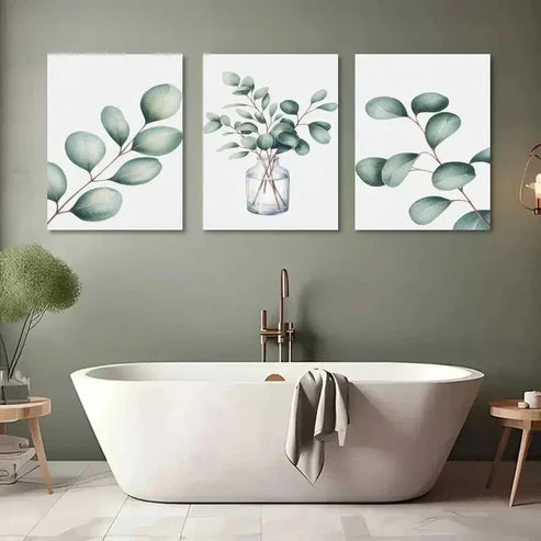 3pcs Light Green Foliage on White Background  Wall Art Set Canvas Unframed - High Quality Print 100% Australian Made Wall Canvas