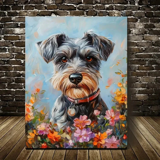 Beautiful Vibrant Floral Dog Schnauzer Painting 40x60cm Metal Print Ready to Hang - Bella Home Decor