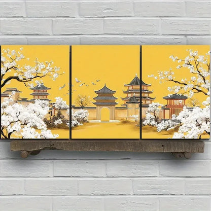 3pcs Architecture And Plum Blossoms Metal Print Ready to Hang Art - Bella Home Decor