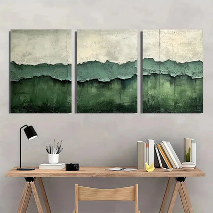 3pcs Abstract Green & White Textured Metal Print Ready to Hang Art - Bella Home Decor