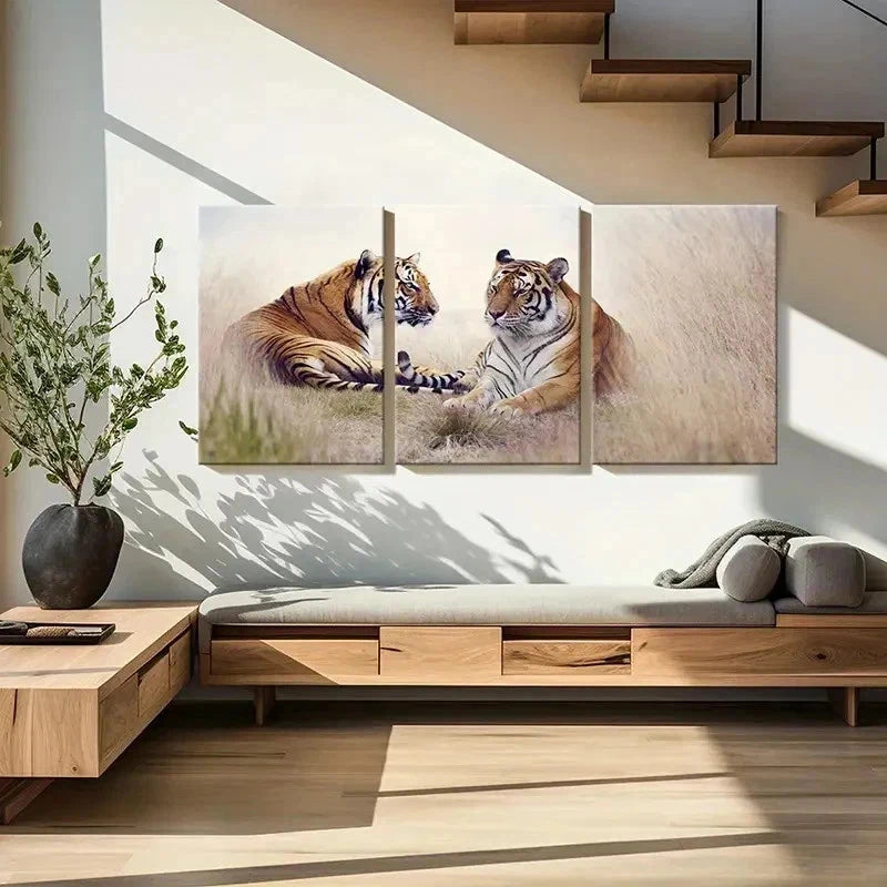 3pcs Two Tigers Tiger Couple Modern Wall Art Set Canvas Framed 50x70cm - High Quality Print 100% Australian Made Wall Canvas Ready to Hang