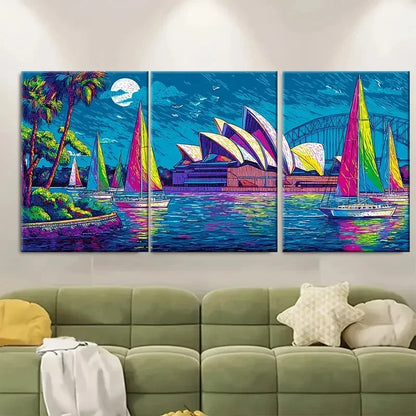 3pcs Sydney Opera House Fauvist Harbour Scene Wall Art Set Canvas Framed 40x60cm - High Quality Print 100% Australian Made Wall Canvas Ready to Hang