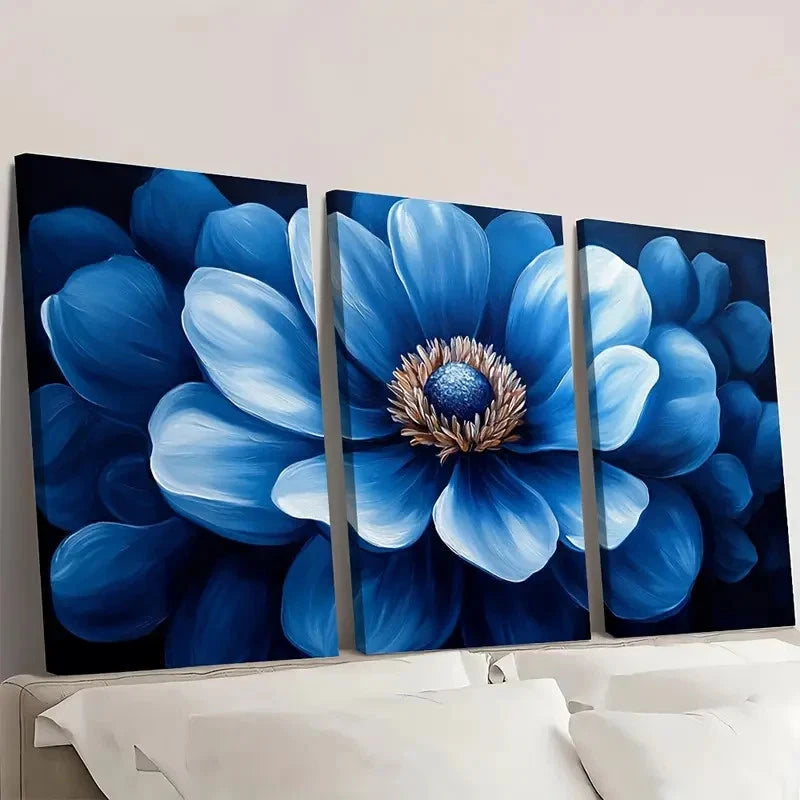 3pcs Flower Painting Print Blue Flower Art V Wall Art Set Canvas Framed 60x90cm - High Quality Print 100% Australian Made Wall Canvas Ready to Hang - Bella Home Decor