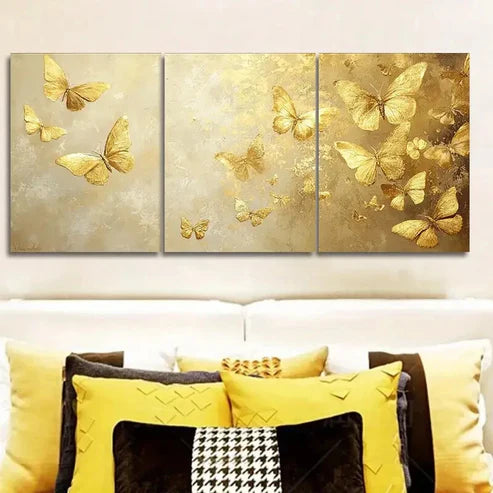 3pcs Butterfly Oil Painting in Gold Leaf Wall Art Canvas Unframed - High Quality Print 100% Australian Made Wall Canvas - Bella Home Decor