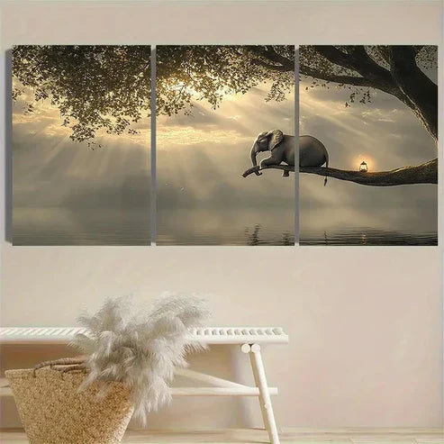 3pcs Elephant on Tree Branch Wall Art Canvas Unframed - High Quality Print 100% Australian Made Wall Canvas