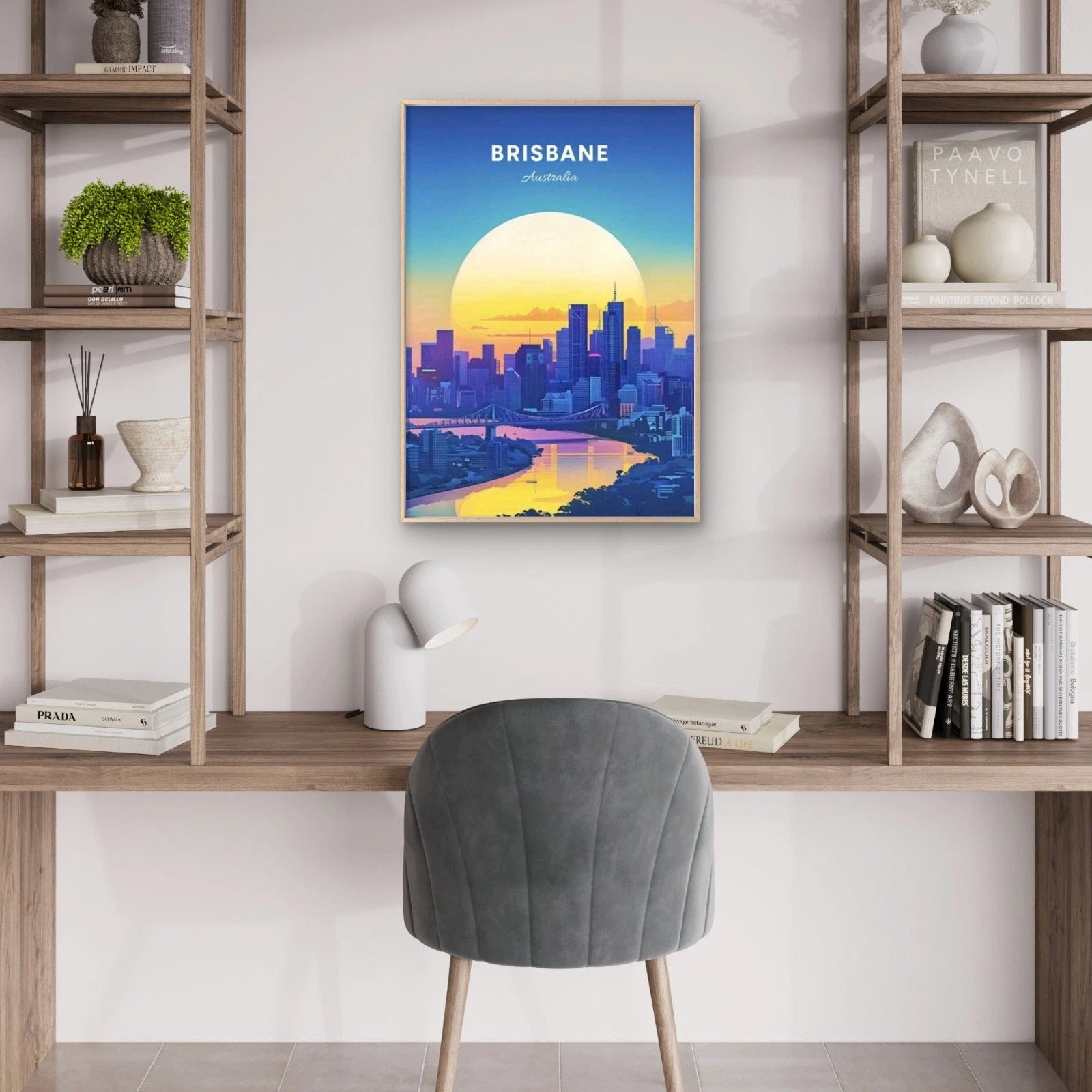 Golden Sunset Over Brisbane Skyline Travel Poster Print Wall Art - Bella Home Decor