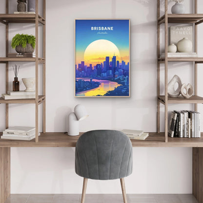 Golden Sunset Over Brisbane Skyline Travel Poster Print Wall Art - Bella Home Decor