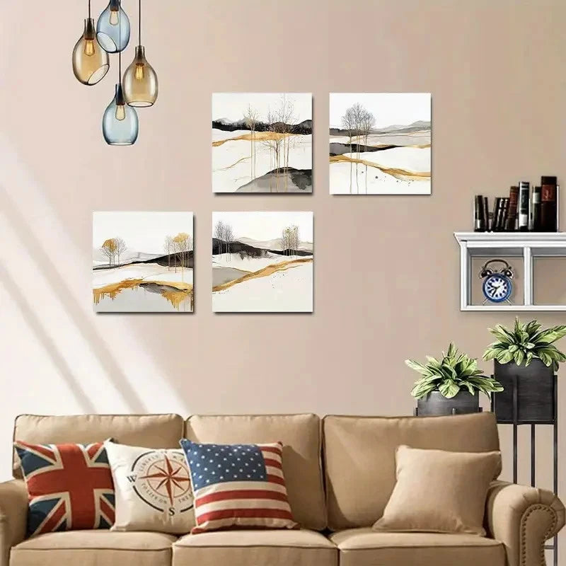 4pcs Golden Geometric Wilderness Zen Landscape Wall Art Canvas Framed