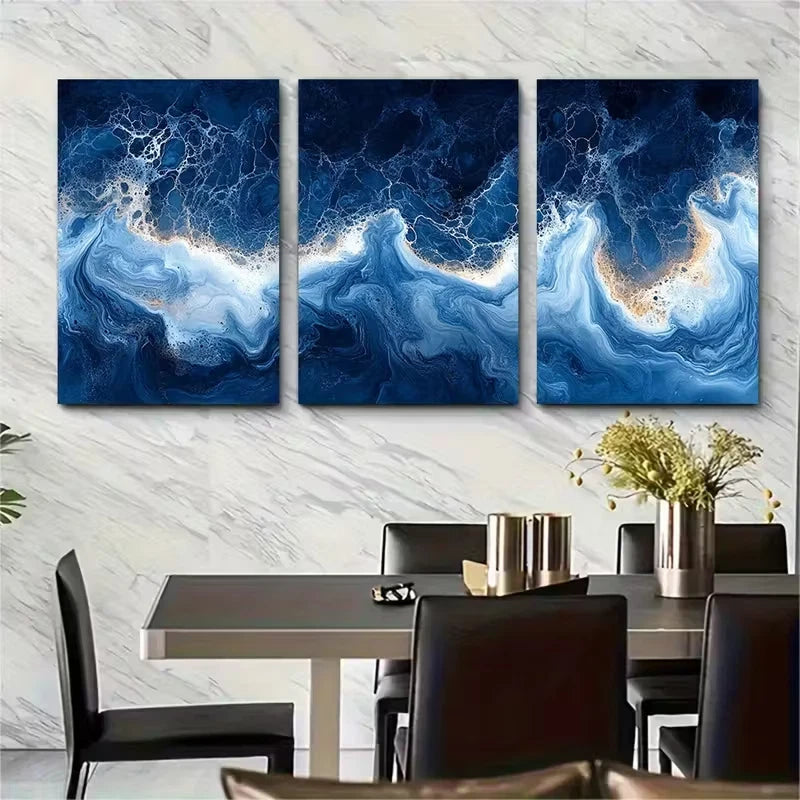 3pcs Blue and White Marbled Metal Print Ready to Hang Art - Bella Home Decor