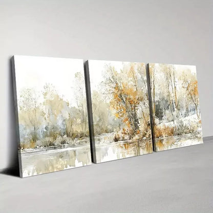 3pcsBeautiful Trees & Water Reflection Autumn Art Set Canvas Framed 50x70cm - High Quality Print 100% Australian Made Wall Canvas Ready to Hang