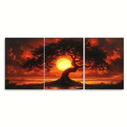 3pcs Intense Sunset Tree Metal Print Ready to Hang Art - Bella Home Decor