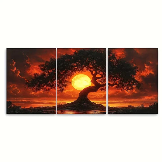 3pcs Intense Sunset Tree Metal Print Ready to Hang Art
