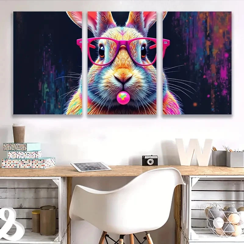 3pcs Colorful Bunny with Glasses Decor  Wall Art Set Canvas Framed 60x90cm - High Quality Print 100% Australian Made Wall Canvas Ready to Hang - Bella Home Decor