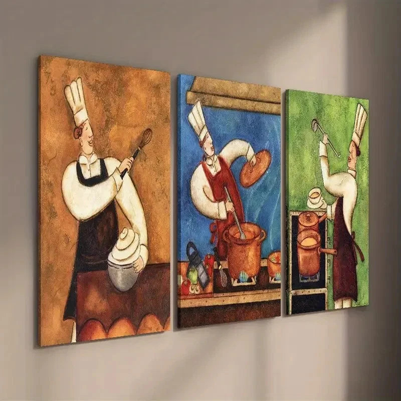 3pcs Vintage Chef Kitchen  VCK   Wall Art Set Canvas Framed 50x70cm - High Quality Print 100% Australian Made Wall Canvas Ready to Hang - Bella Home Decor