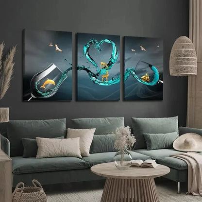 3pcs Stylish Wine Glass & Golden Dolphin Wall Art Set Canvas Framed 40x60cm - High Quality Print 100% Australian Made Wall Canvas Ready to Hang