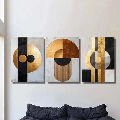 3pcs Golden Black Geometric Abstract Wall Art Canvas Unframed - High Quality Print 100% Australian Made Wall Canvas - Bella Home Decor