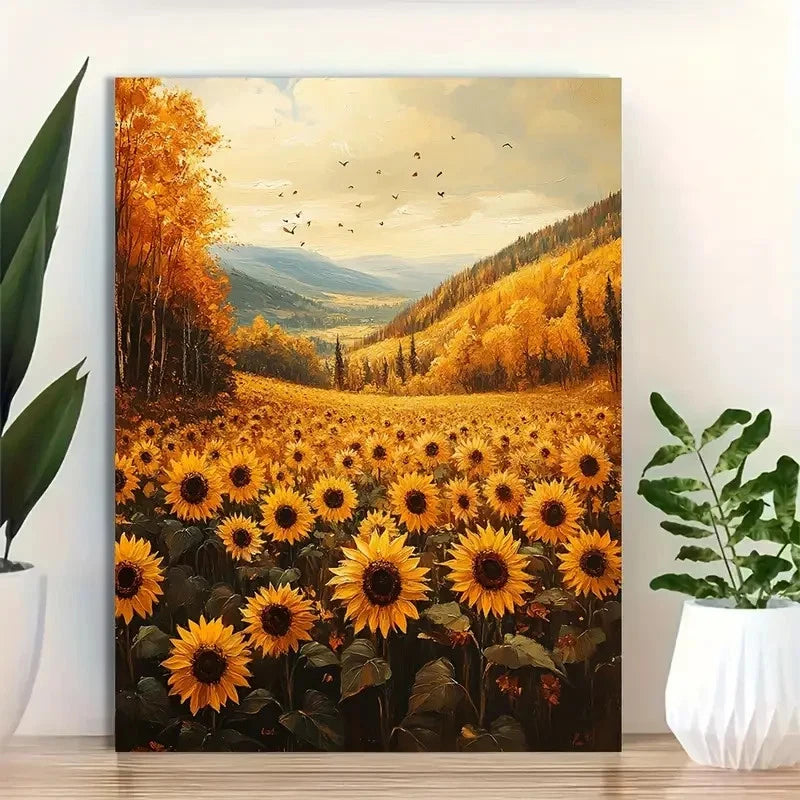 Beautiful Warm Sunlit Forest And Blooming Painting 40x60cm Metal Print Ready to Hang - Bella Home Decor