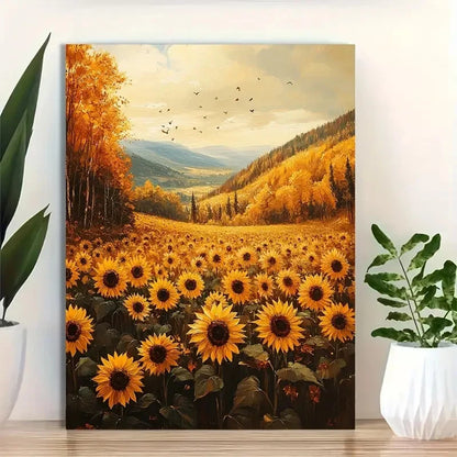 Beautiful Warm Sunlit Forest And Blooming Painting 40x60cm Metal Print Ready to Hang - Bella Home Decor