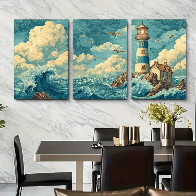 3pcs Lighthouse Clipart Vintage Light Perfect Wall Art Set Canvas Framed 50x70cm - High Quality Print 100% Australian Made Wall Canvas Ready to Hang