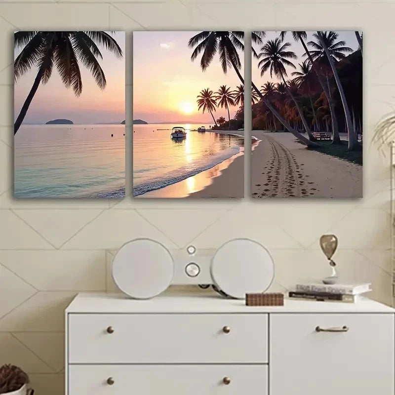 3pcs Sunset Palm Beach Wall Art Set Canvas Framed 50x70cm - High Quality Print 100% Australian Made Wall Canvas Ready to Hang