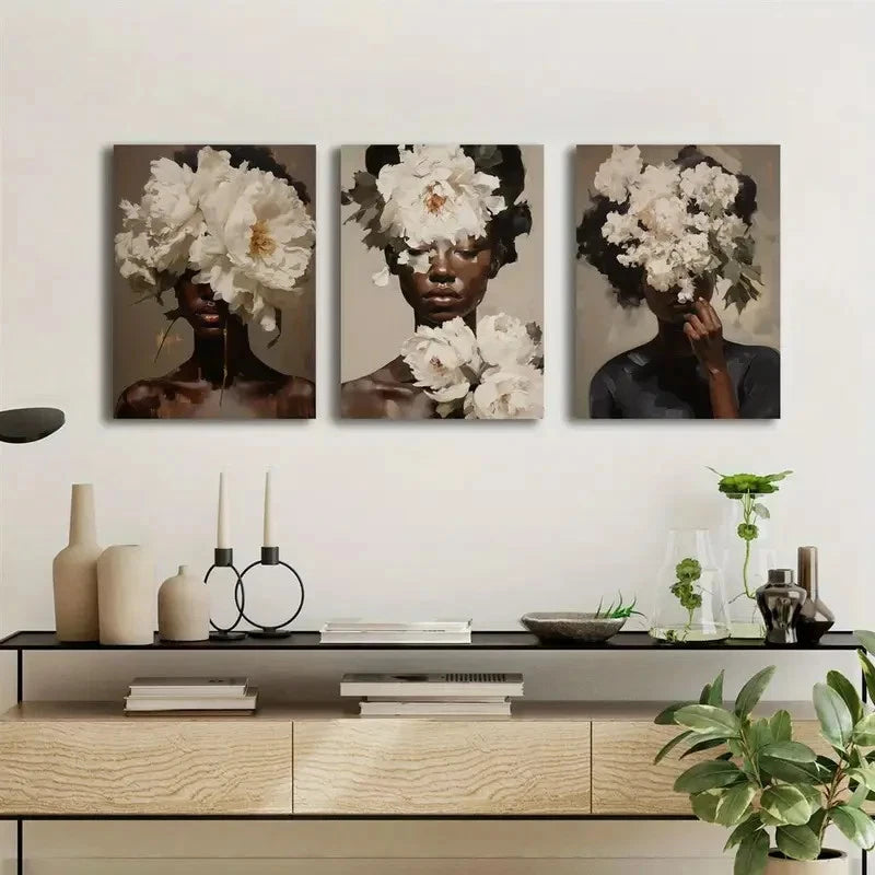 3pcs Vintage Floral & Black Female Portrait Metal Print Ready to Hang Art - Bella Home Decor
