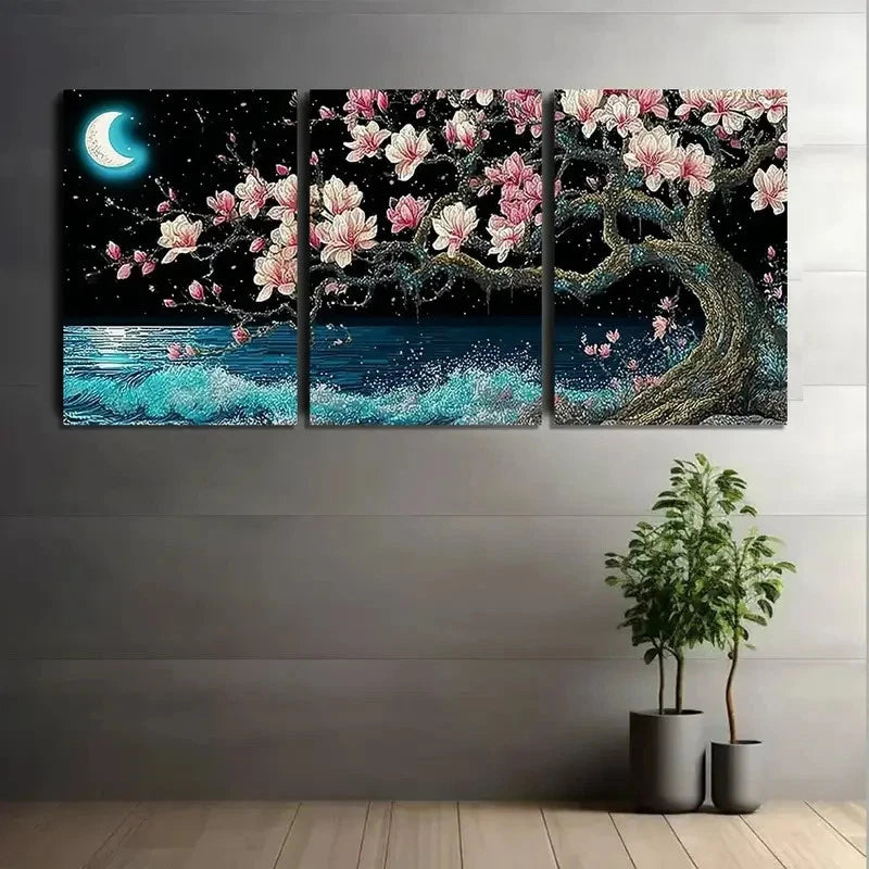 3pcs Moonlit Landscape With a Tree Painting Metal Print Ready to Hang Art - Bella Home Decor