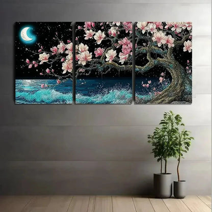 3pcs Moonlit Landscape With a Tree Painting Metal Print Ready to Hang Art - Bella Home Decor