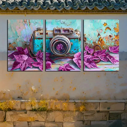 3pcs Vibrant Purple leaves with Old Camera Metal Print Ready to Hang Art - Bella Home Decor