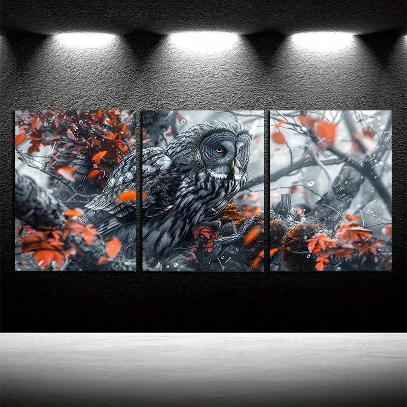 3pcs Owl on The Branch Illustration Metal Print Ready to Hang Art - Bella Home Decor