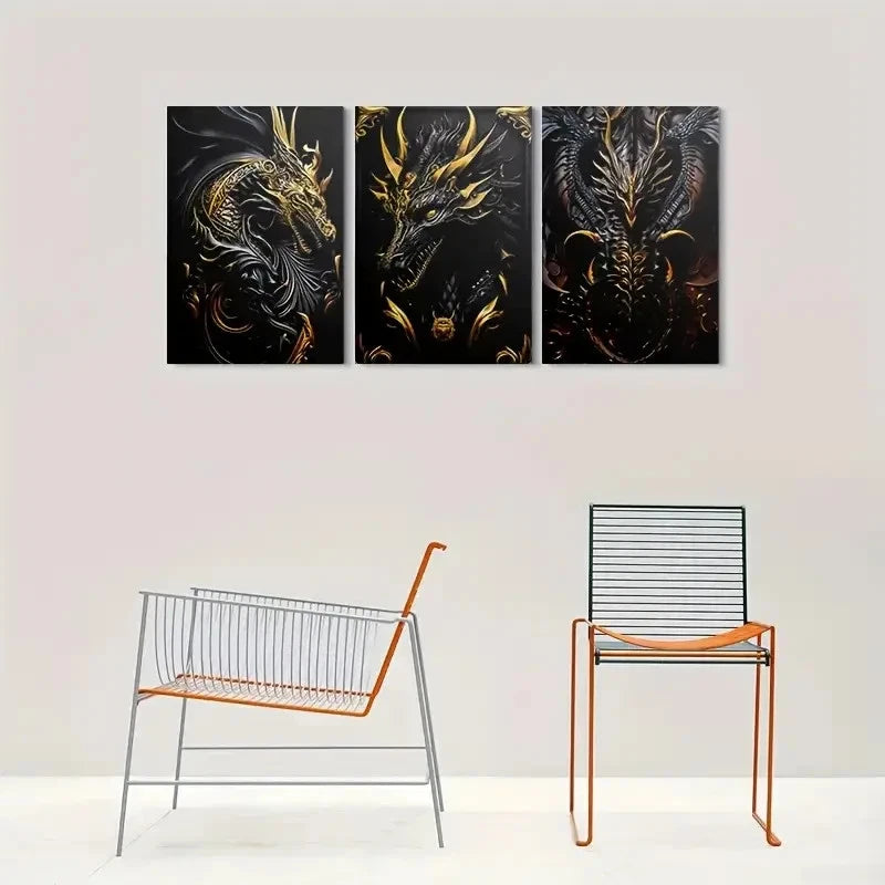 3pcs Golden Dragon Black and Golden Fantasy Metal Print Ready to Hang Art - Bella Home Decor