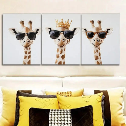 3pcs Three Cool Giraffes With A Royal Crown  Wall Art Set Canvas Framed 50x70cm - High Quality Print 100% Australian Made Wall Canvas Ready to Hang - Bella Home Decor