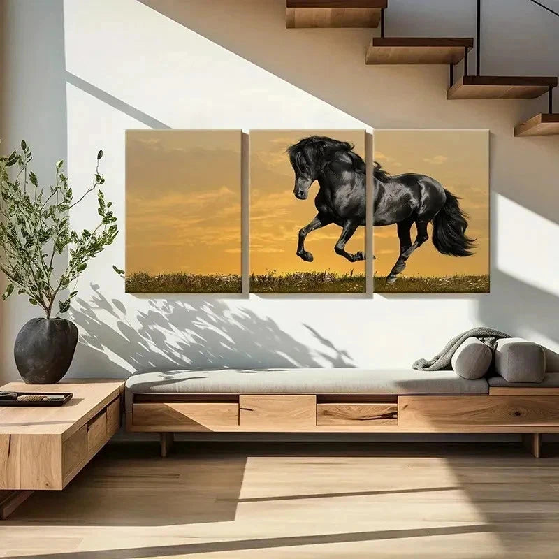 3pcs Elegant Black Horse with Golden Sky Wall Art Set Canvas Framed 50x70cm - High Quality Print 100% Australian Made Wall Canvas Ready to Hang