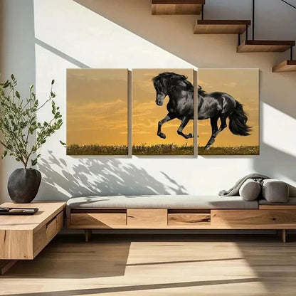 3pcs Elegant Black Horse with Golden Sky Wall Art Set Canvas Framed 50x70cm - High Quality Print 100% Australian Made Wall Canvas Ready to Hang