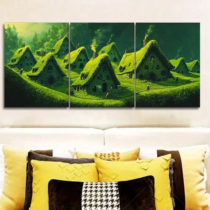 3pcs Green Village Houses Art Painting Wall Art Set Canvas Framed 50x70cm - High Quality Print 100% Australian Made Wall Canvas Ready to Hang