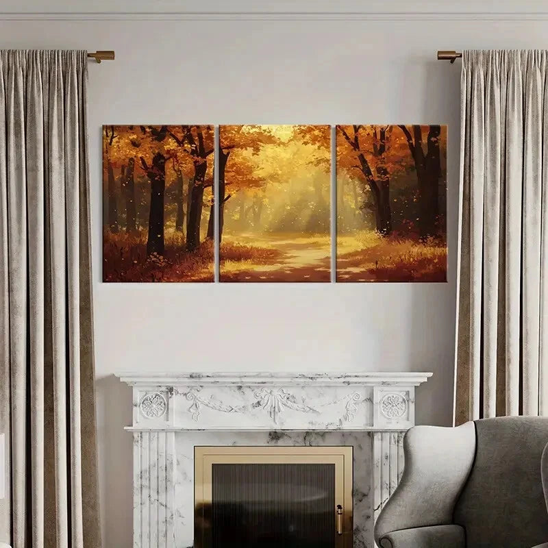 3pcs Autumn Forest Pathway Warm Sunlight Metal Print Ready to Hang Art - Bella Home Decor