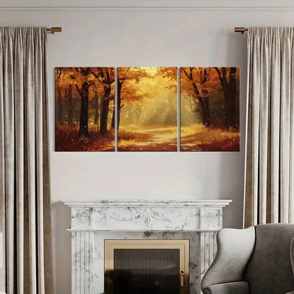 3pcs Autumn Forest Pathway Warm Sunlight Metal Print Ready to Hang Art - Bella Home Decor