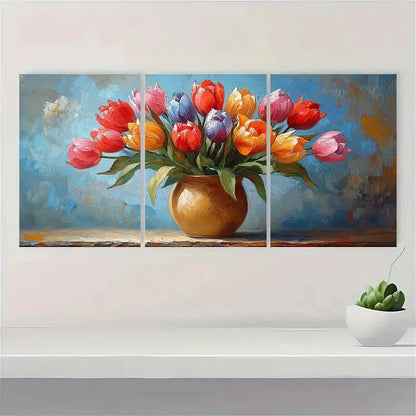 3pcs Tulips in a Vase Oil Impasto Painting Metal Print Ready to Hang Art - Bella Home Decor