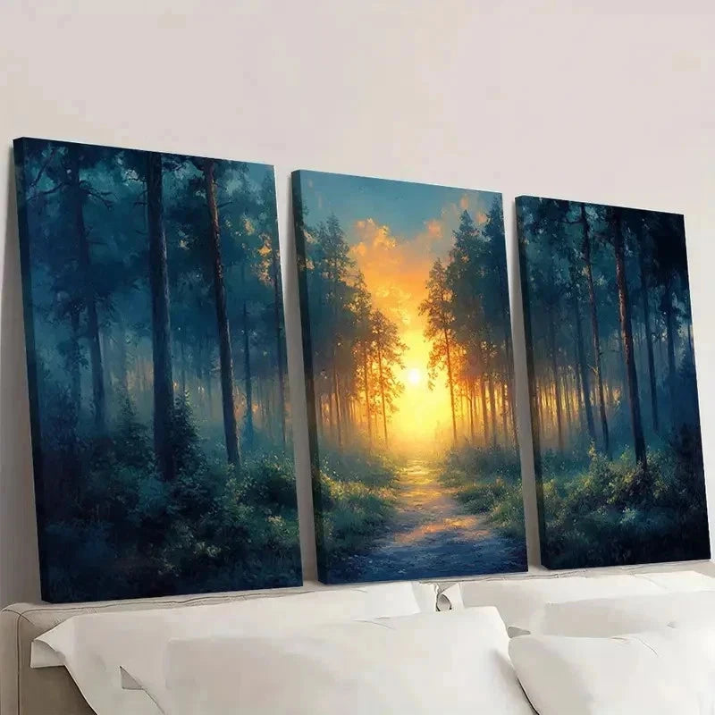 3pcs Forest Sunrise Greenery & Serene Path  Wall Art Set Canvas Framed 60x90cm - High Quality Print 100% Australian Made Wall Canvas Ready to Hang - Bella Home Decor