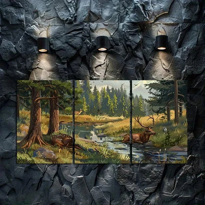 3pcs Forest and Deer Scene with Trees and Grass Metal Print Ready to Hang Art - Bella Home Decor