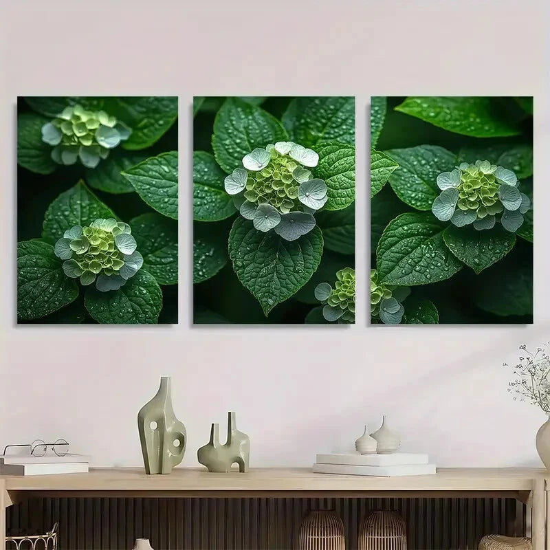 3pcs Hydrangea & Green Leaves Metal Print Ready to Hang Art - Bella Home Decor