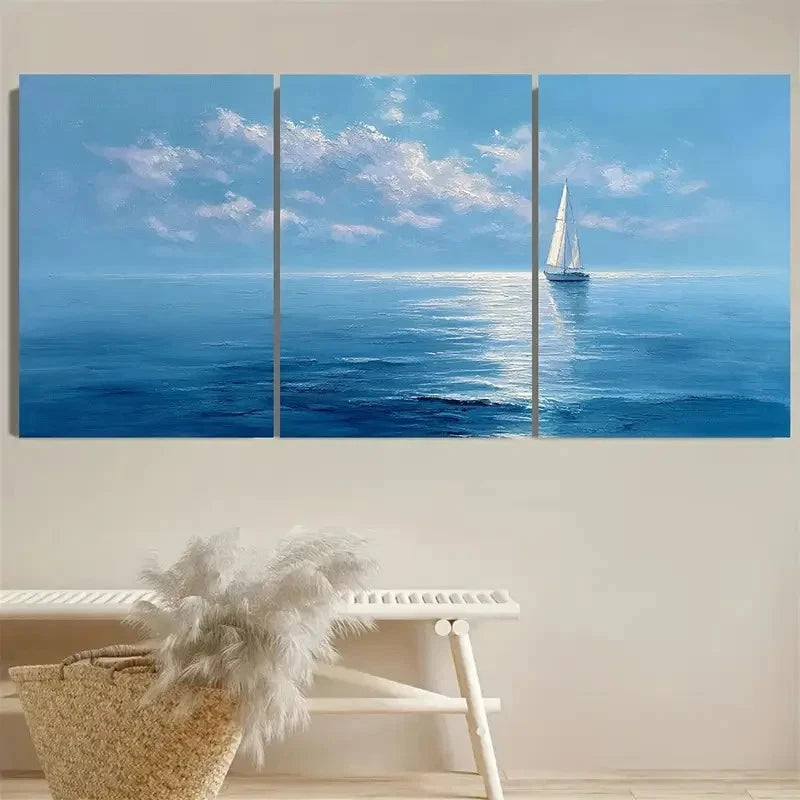 3pcs Sailboat Blue Ocean Sailing Wall Art Set Canvas Framed 60x90cm - High Quality Print 100% Australian Made Wall Canvas Ready to Hang