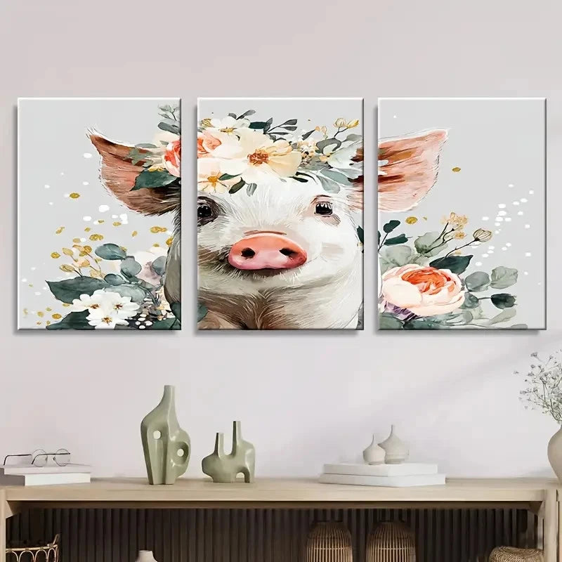 3pcs Cute Pig Mom Floral Design Wall Art Set Canvas Framed 60x90cm - High Quality Print 100% Australian Made Wall Canvas Ready to Hang - Bella Home Decor