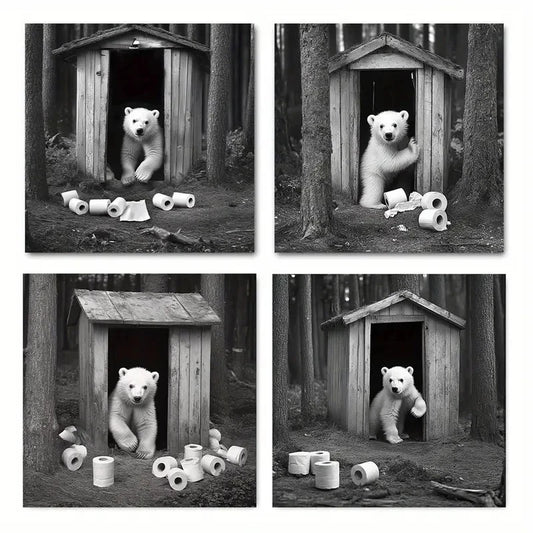 4pcsVintage Abstract Black & White Bear Wall Art Canvas Framed