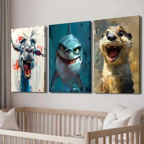 3pcs Cartoon Funny Camel Shark Otter Wall Art Set Canvas Unframed - High Quality Print 100% Australian Made Wall Canvas