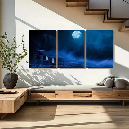 3pcs Moon Trees Mountains Thatched House Wall Art Set Canvas Framed 60x90cm - High Quality Print 100% Australian Made Wall Canvas Ready to Hang - Bella Home Decor
