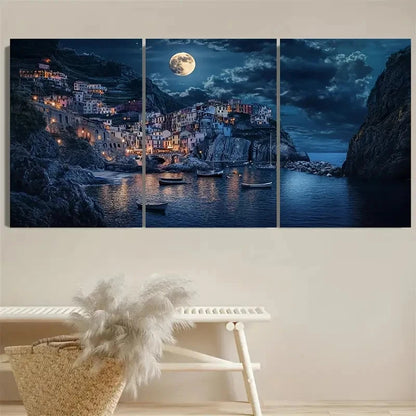 3pcs Italian Fishing Village at Midnight Wall Art Set Canvas Framed 60x90cm - High Quality Print 100% Australian Made Wall Canvas Ready to Hang